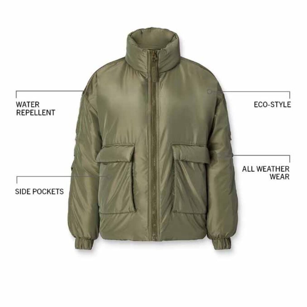 NEW Fabletics Khloe Kardashian All Weather Puffer Jacket Dark Moss Shine XXL 1X - Picture 6 of 16